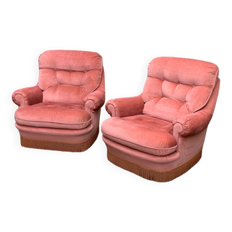 Paire de fauteuils crapaud velours capitonné rose 1970
