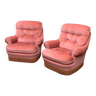 Paire de fauteuils crapaud velours capitonné rose 1970