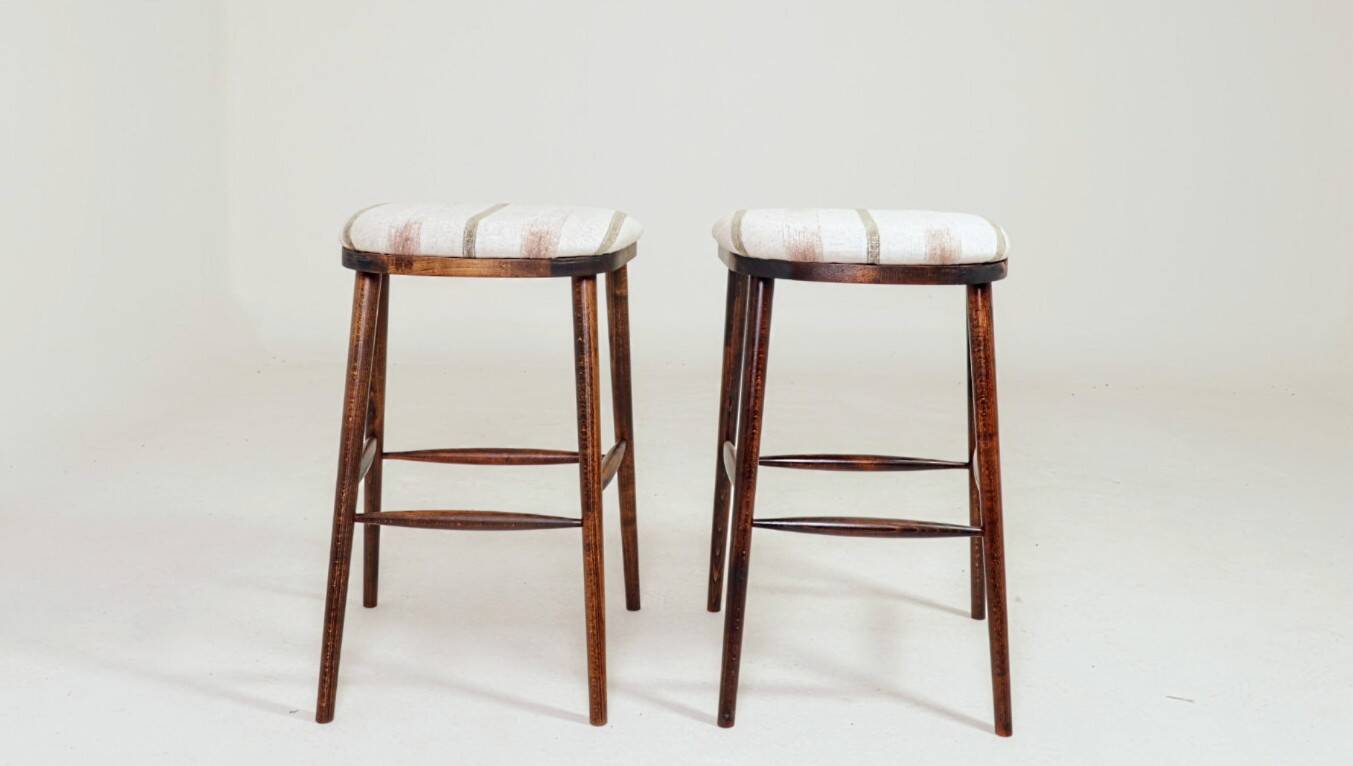 Rustic Beech Bar Stools – Striped Jacquard Fabric