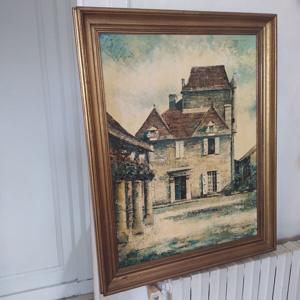 Huile sur toile stephane bulan village de domme dordogne 1979