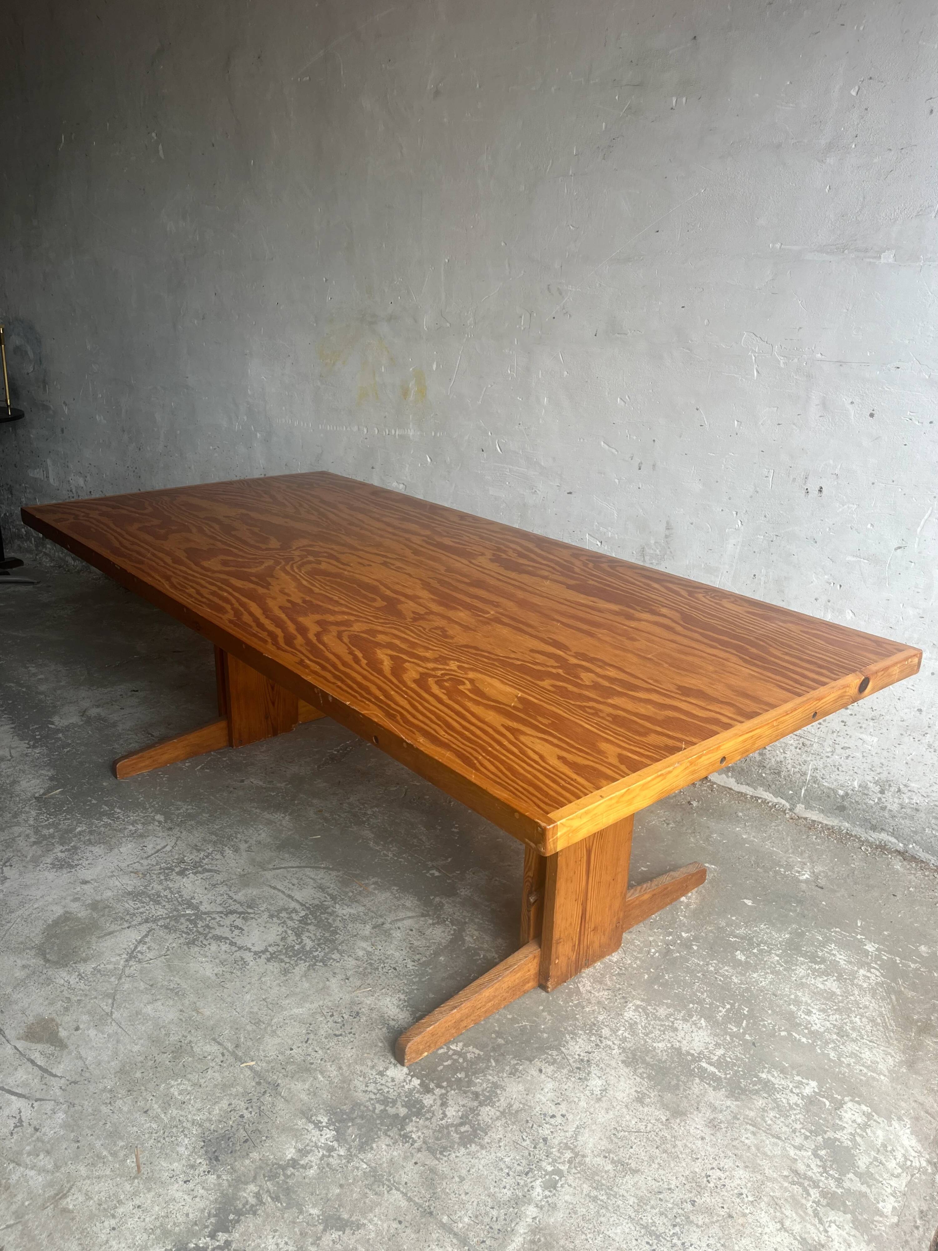 Brutalist Honey-Brown Pine Trestle Dining Table,  1970s France