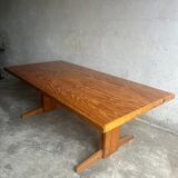 Brutalist Honey-Brown Pine Trestle Dining Table,  1970s France