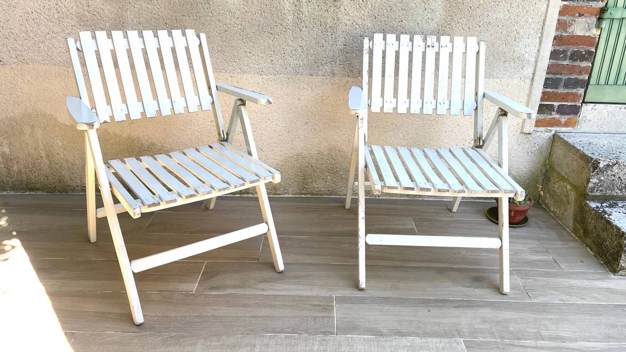 Pair of vintage wooden garden armchairs by r.gleizes