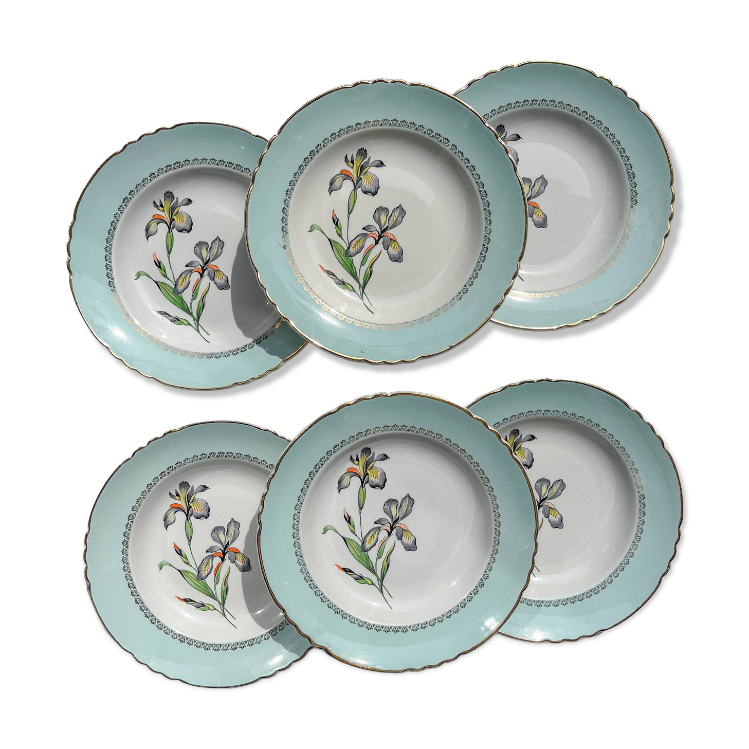 6 vintage white and green porcelain soup plates Iris Moulin des Loups "Sargosse" 1950s