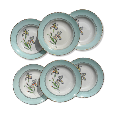 6 assiettes creuses porcelaine vintage blanche verte Iris Moulin des Loups ''Sargosse'' 1950s