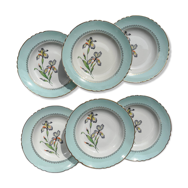 6 assiettes creuses porcelaine vintage blanche verte Iris Moulin des Loups ''Sargosse'' 1950s