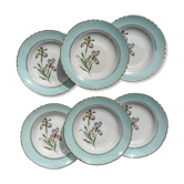 6 assiettes creuses porcelaine vintage blanche verte Iris Moulin des Loups "Sargosse" 1950s