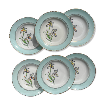 6 assiettes creuses porcelaine vintage blanche verte Iris Moulin des Loups "Sargosse" 1950s