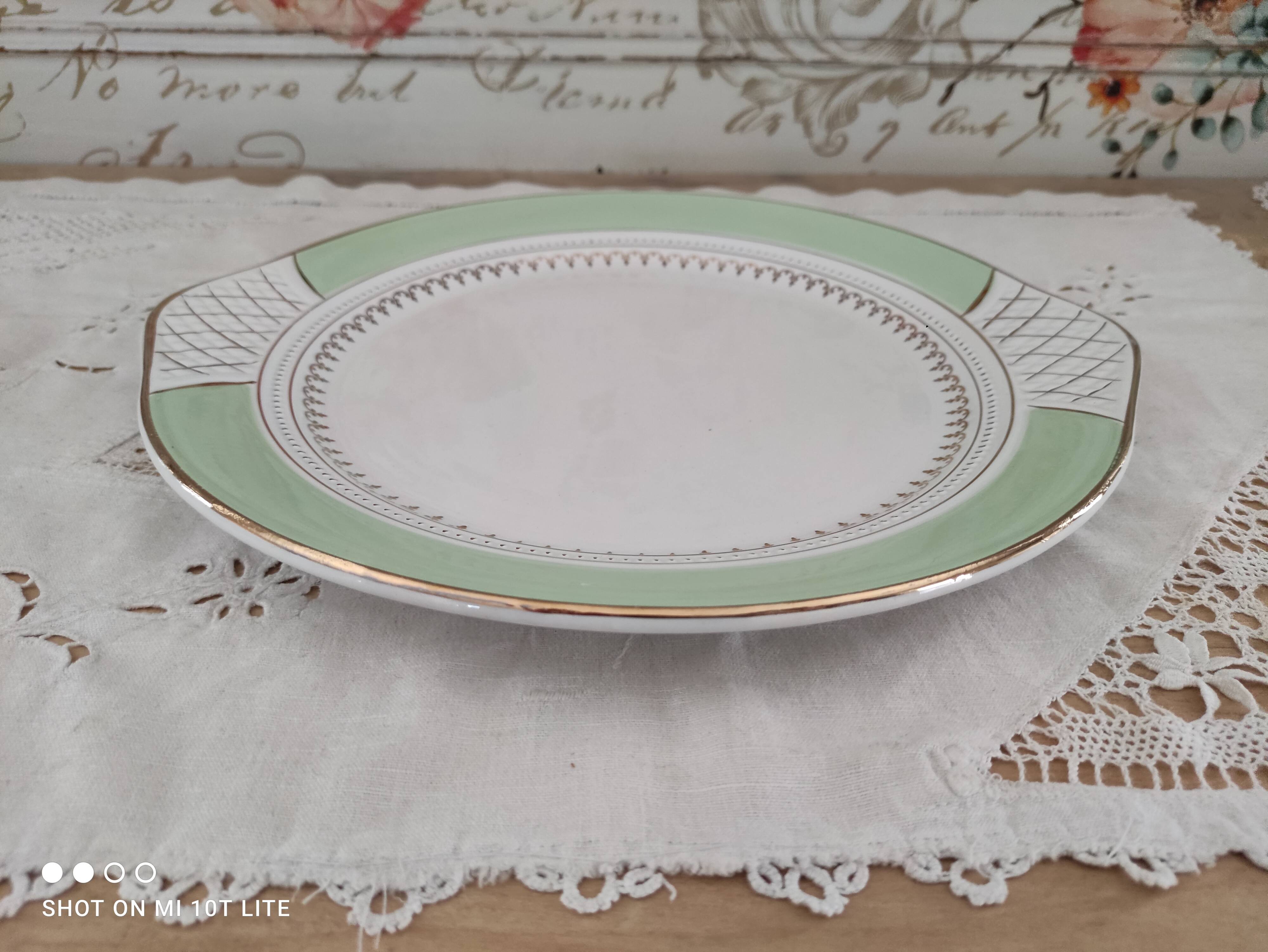 Pie dish with ears in water green and golden frieze l'Amandinoise