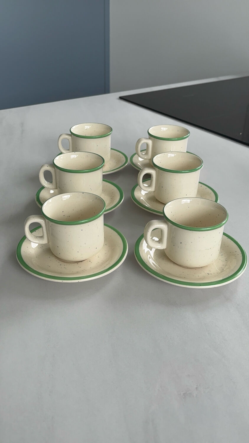 Set of 6 vintage speckled beige and green espresso cups – coffee service