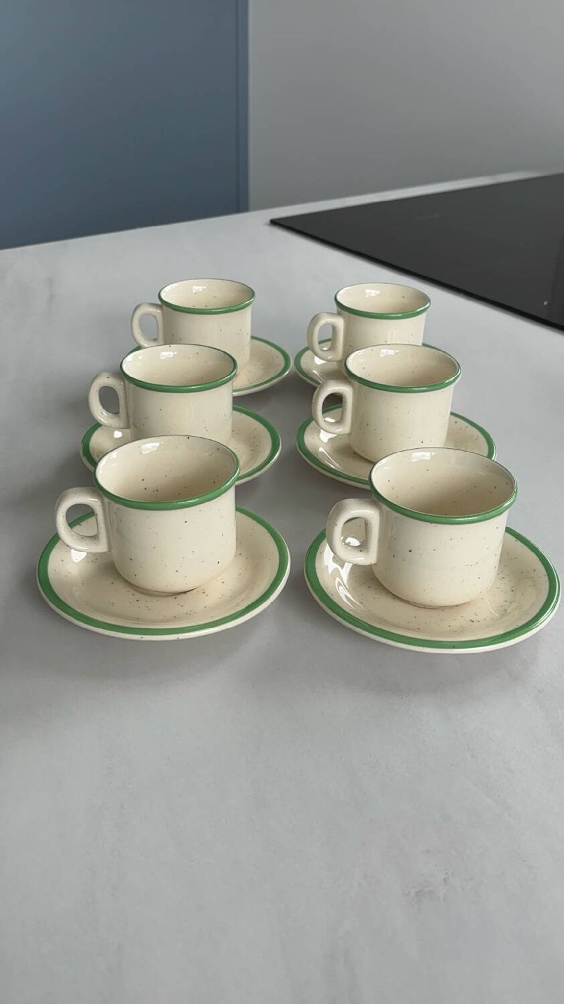 Set of 6 vintage speckled beige and green espresso cups – coffee service