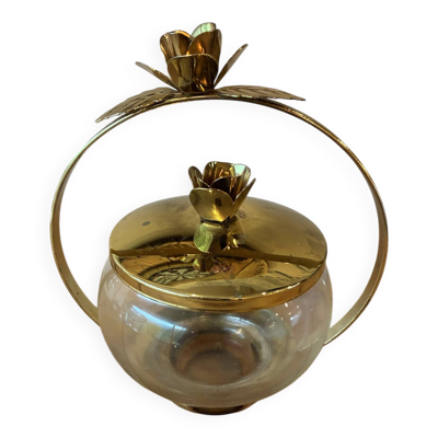 Bonbonnière / Sucrier vintage en verre & laiton doré – Décor Roses sty
