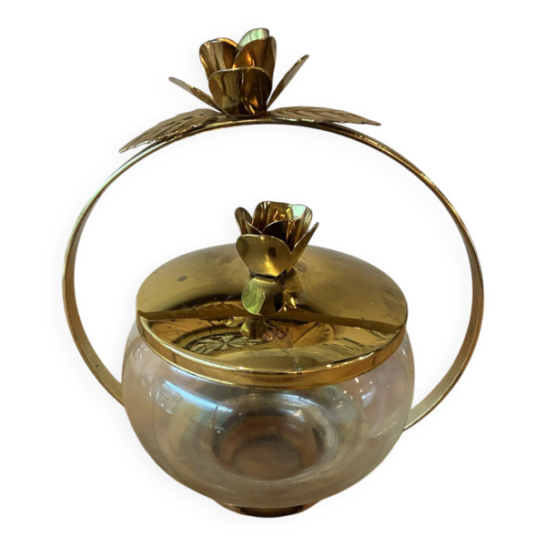 Bonbonnière / Sucrier vintage en verre & laiton doré – Décor Roses sty