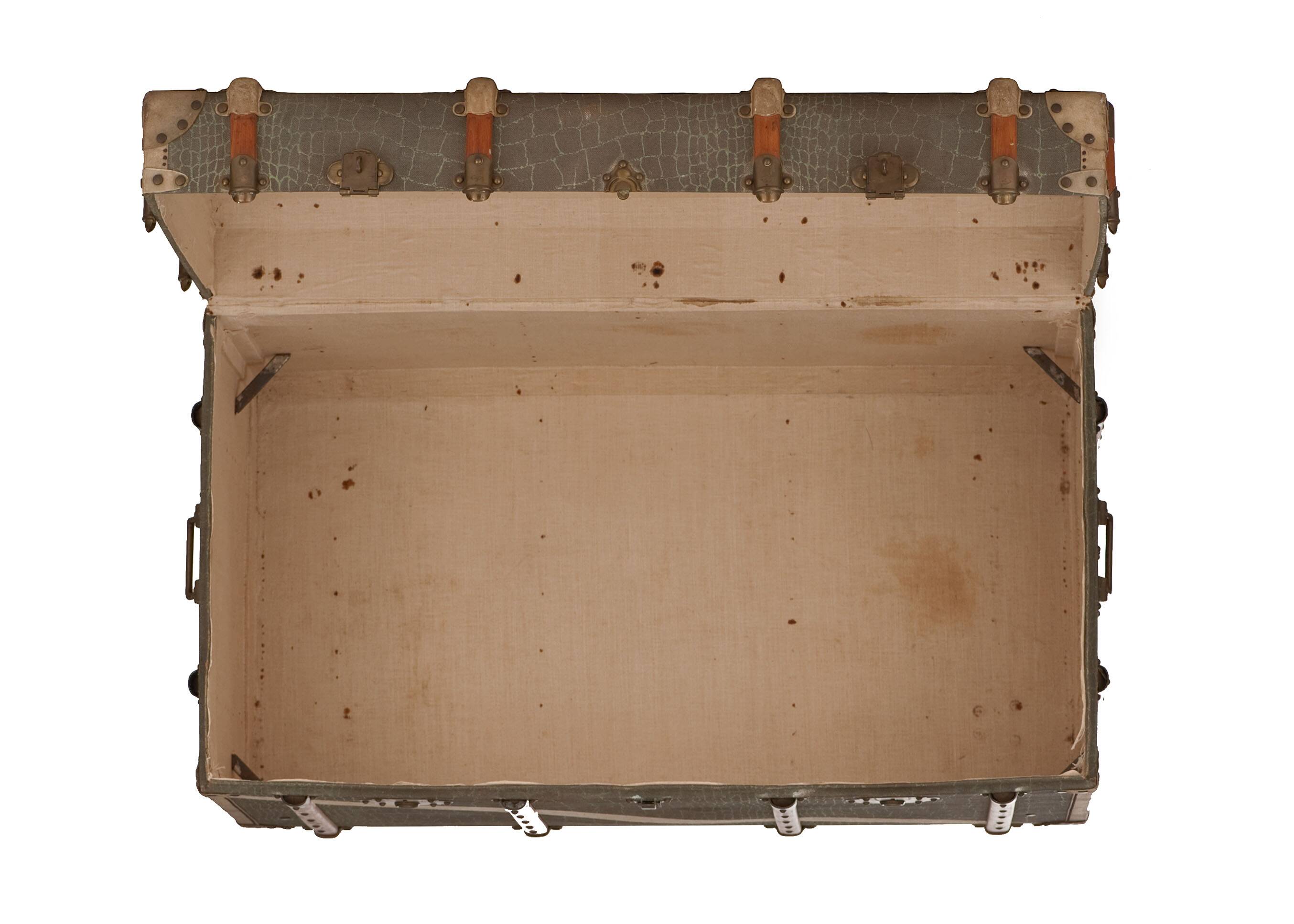 Anc Large cabin trunk in khaki canvas with a snakeskin effect, wood & brass