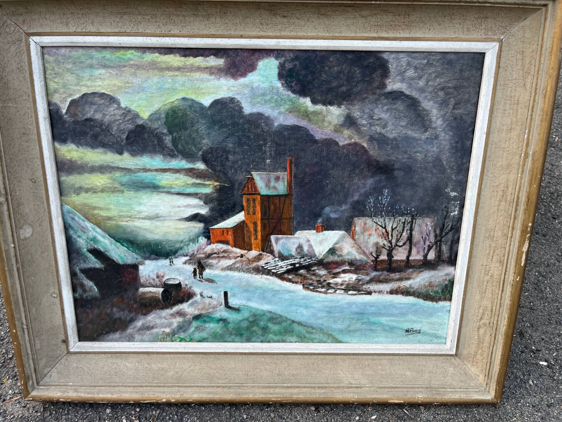 Tableau huile paysage hiver neige village signe H. Paris - Cadre