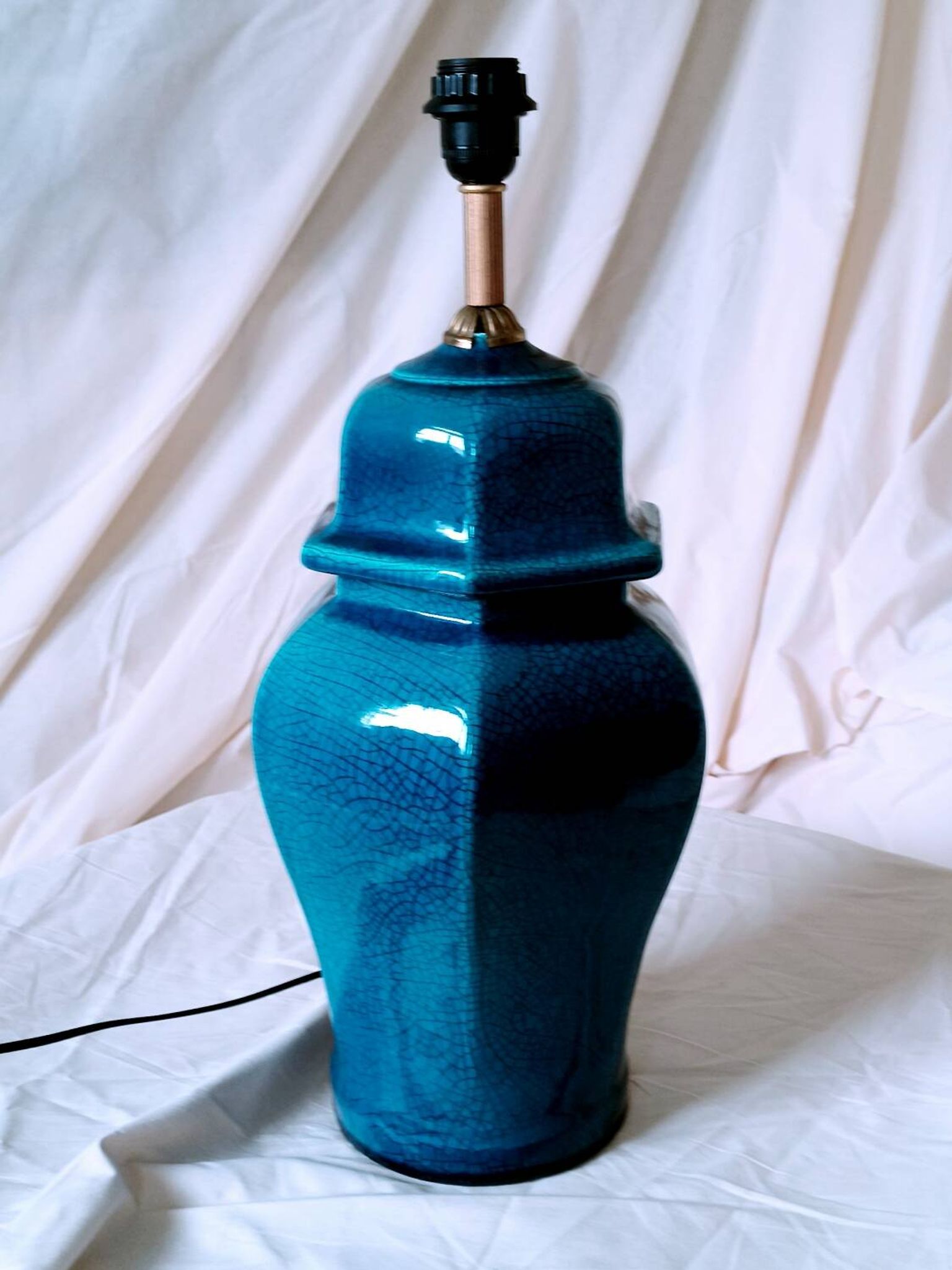 2 blue crackle ceramic desk lamp bases, 1950s