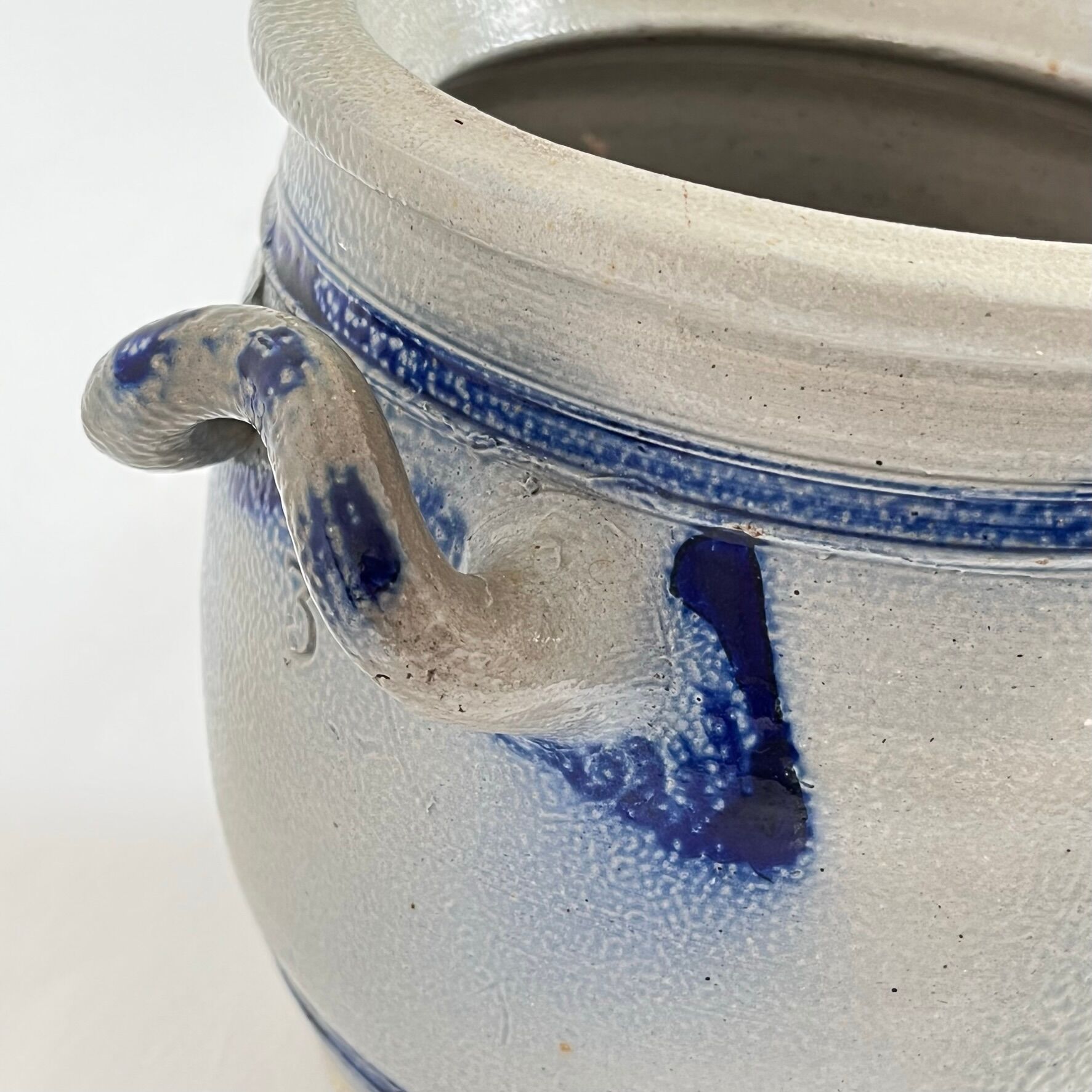 Salt glazed stoneware pot, cobalt oxide decoration