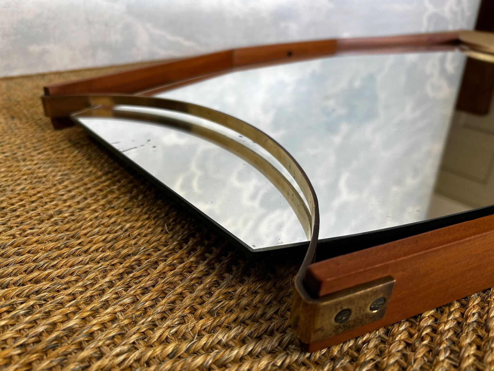 Wall mirror with brass detail and leather mounting, Vetreria Andreini, Ravenna, Italy, 1950s