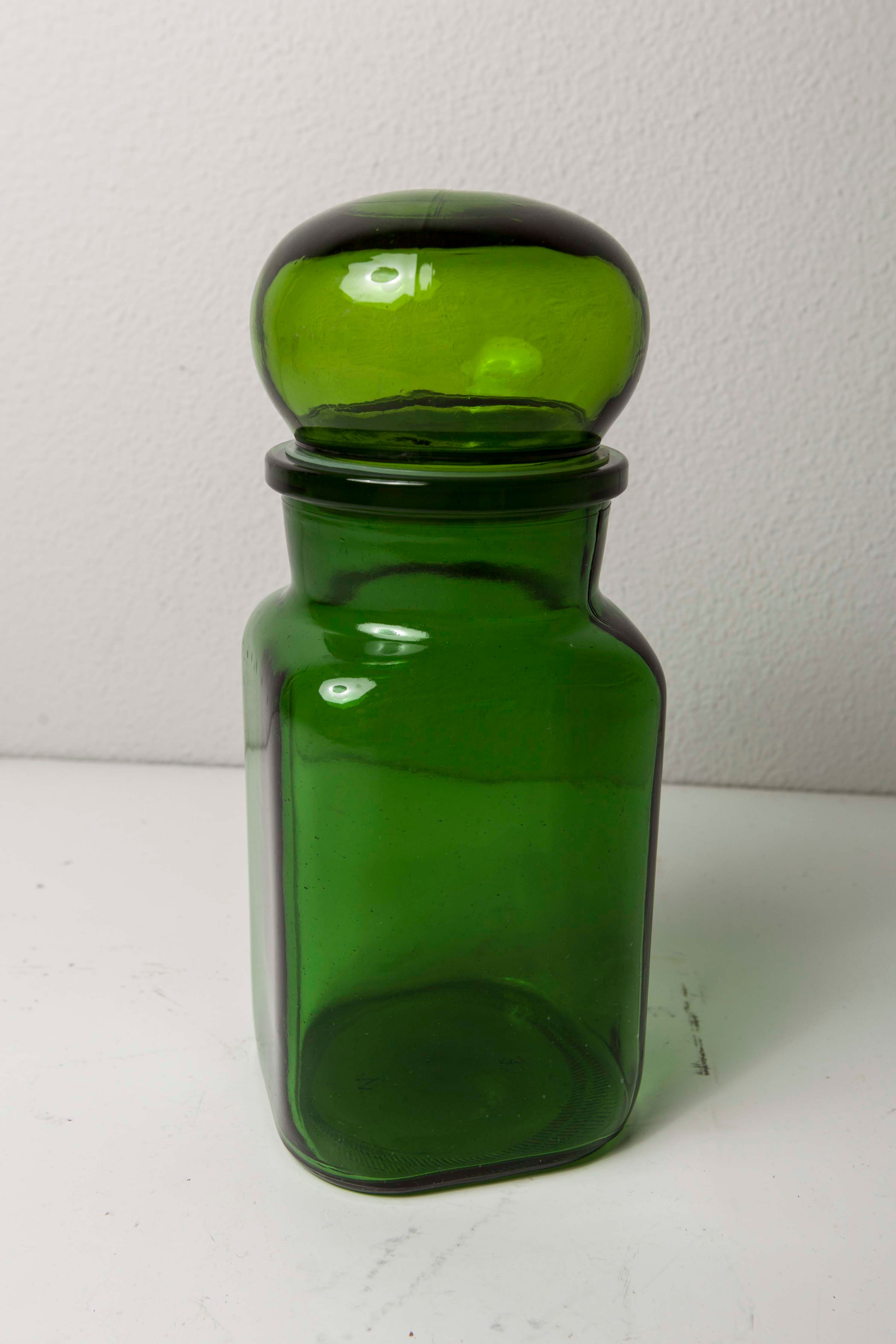 Pot de pharmacie vert en verre 1960