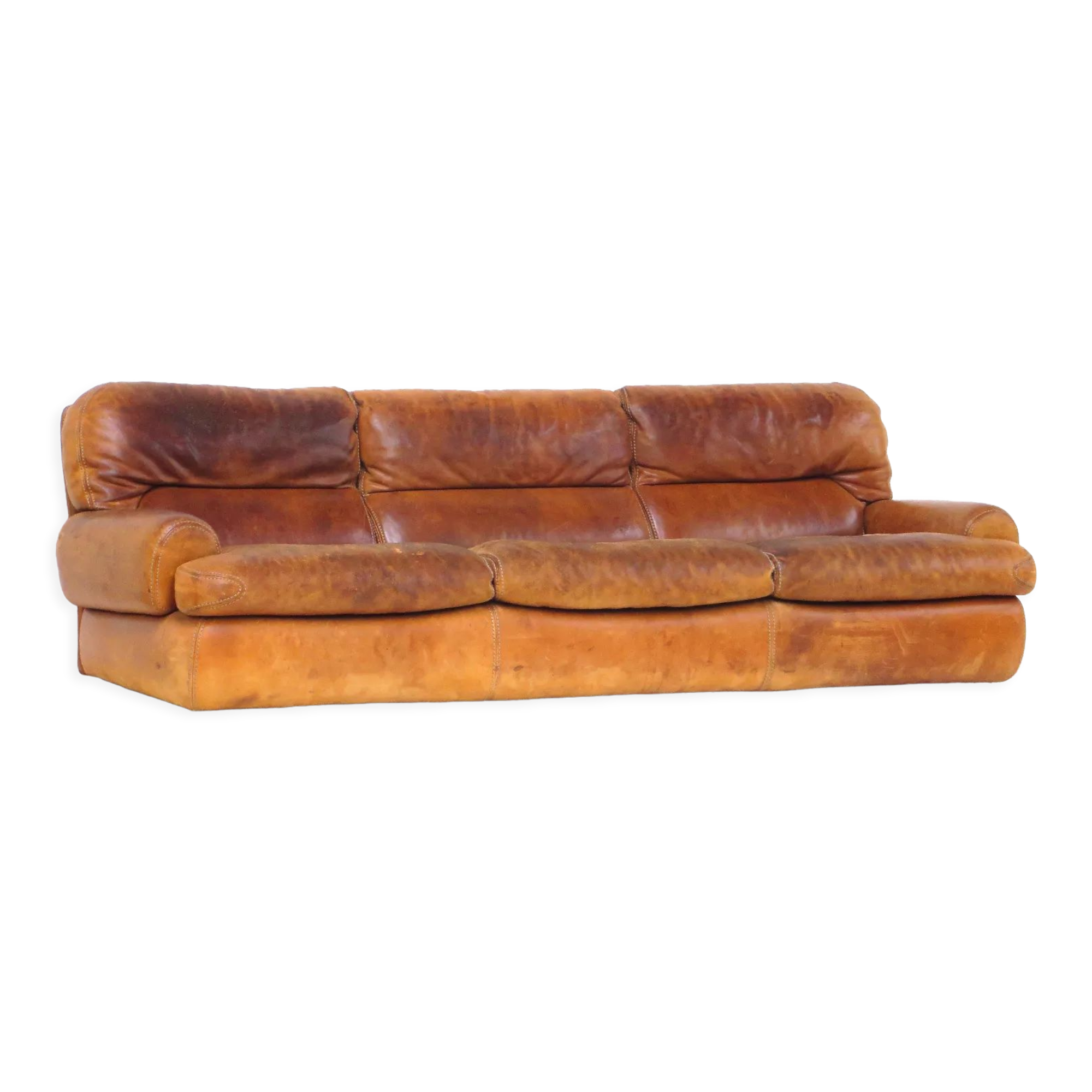 Vintage 3-seater lounge sofa in thick cognac leather