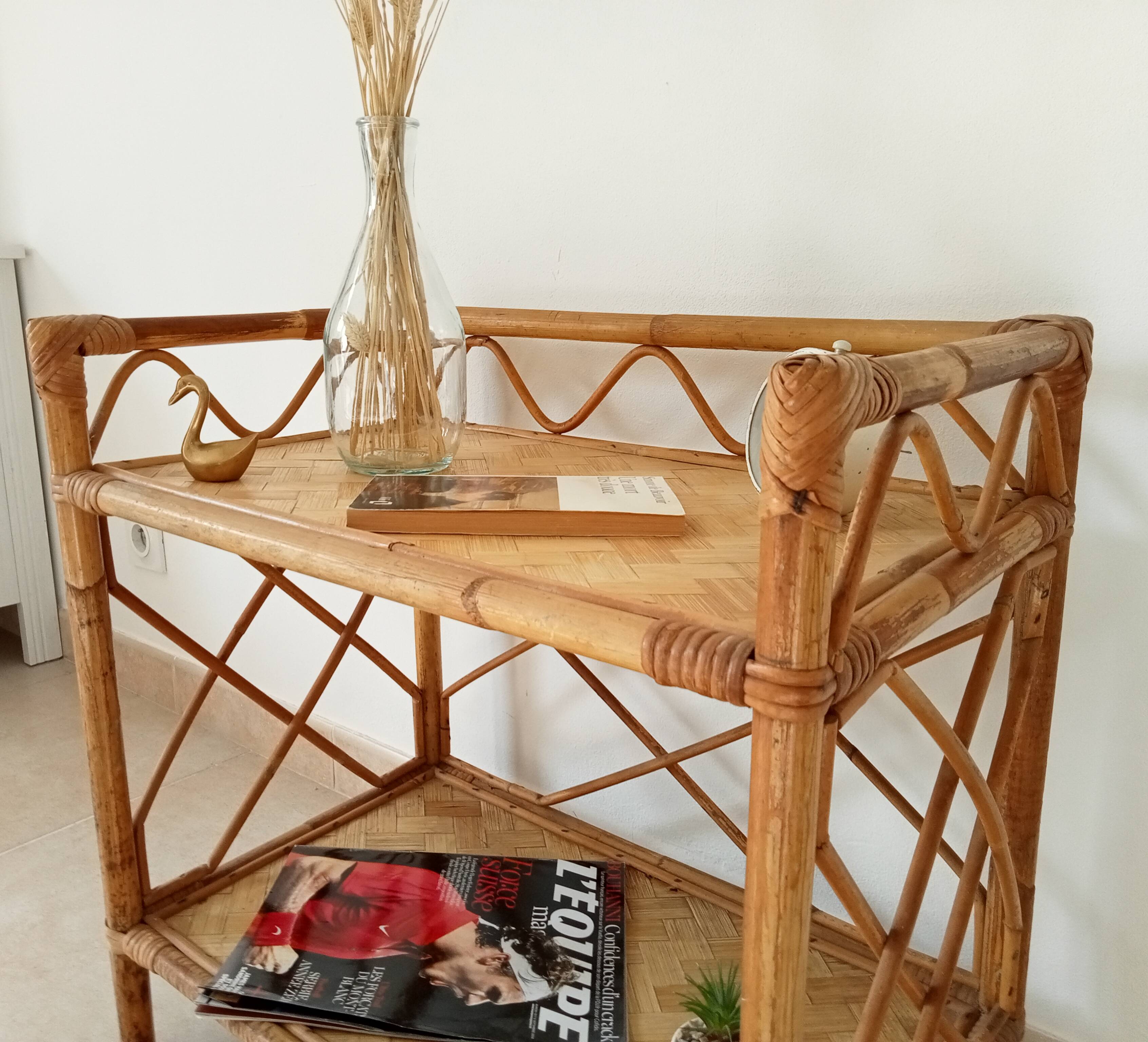 Bamboo and rattan shelf side table by Audoux and Minnet 1950s