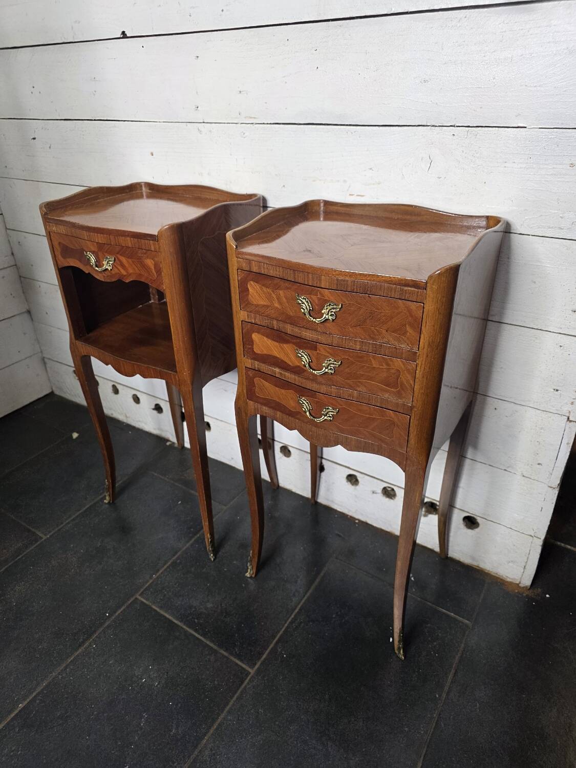 Pair of Louis XV style bedside tables in marquetry