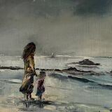 Oil on canvas surreal landscape by Serge Doceul 1988 Complicity