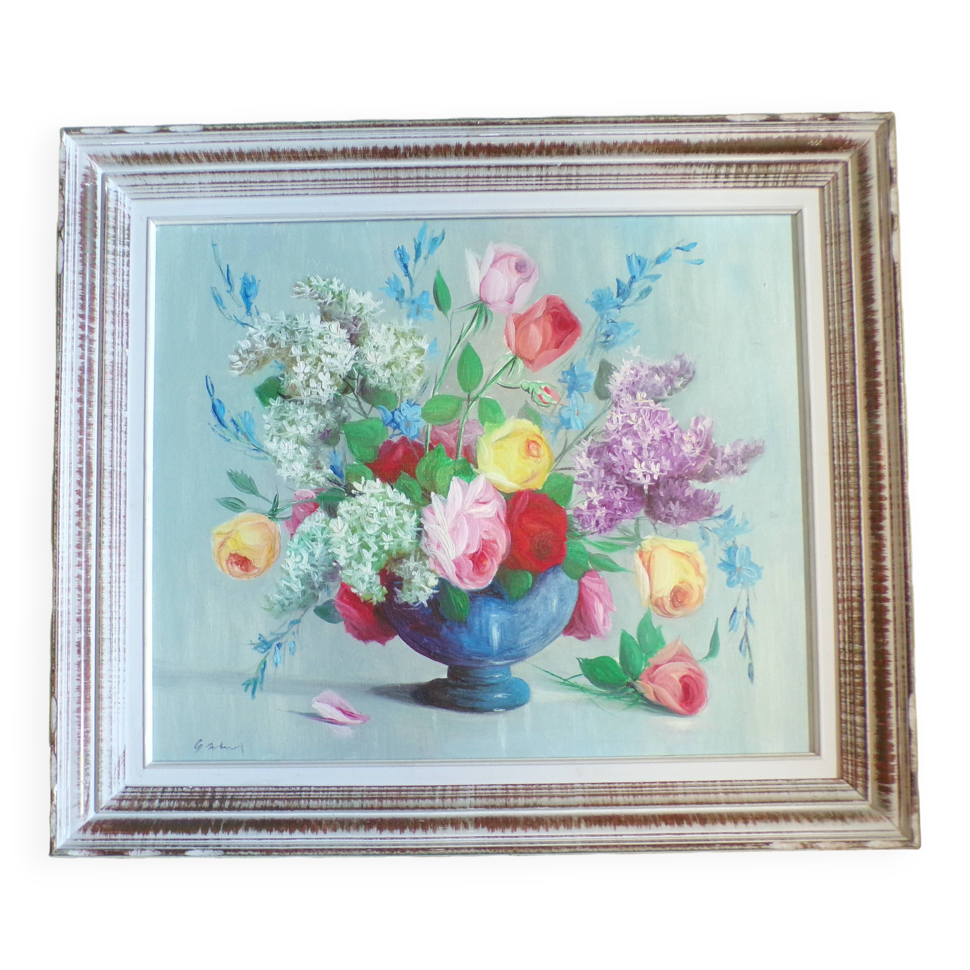 Old painting representing a bouquet of flowers