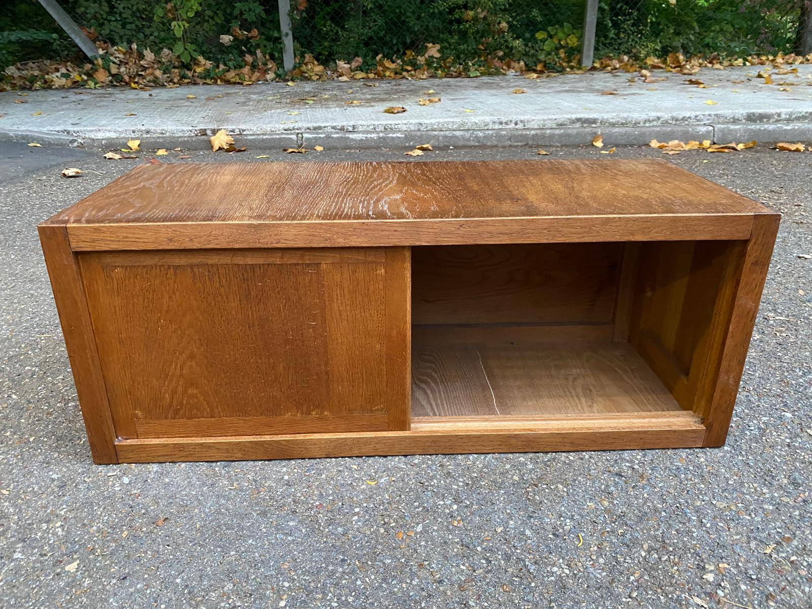 Horizontal filing cabinet with sliding curtains in oak