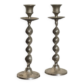 Pair of vintage twisted silver metal candlesticks