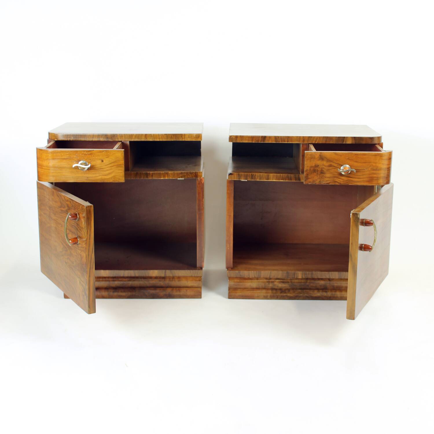 Pair Of Art Deco Bedside Tables In Walnut, Czechoslovakia 1930s