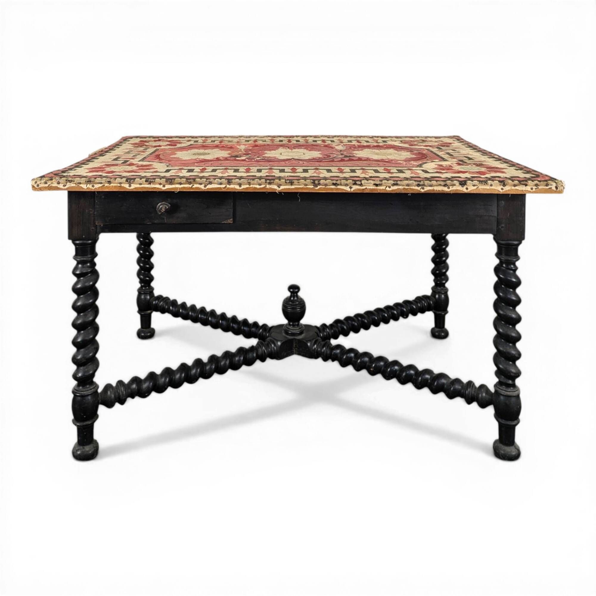 Louis XIII style table in blackened wood and tapestry
