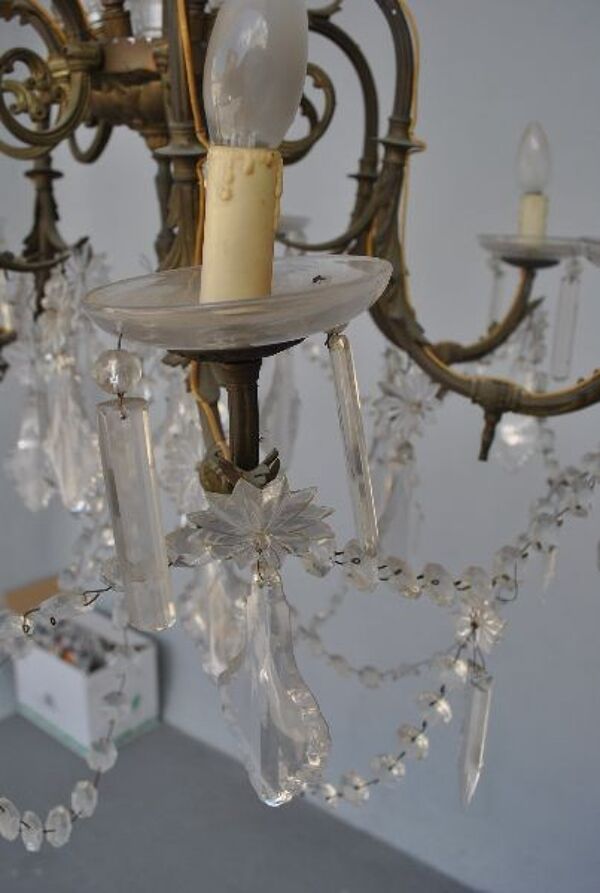 lustre pampilles de cristal bronze doré style rocaille XIXème