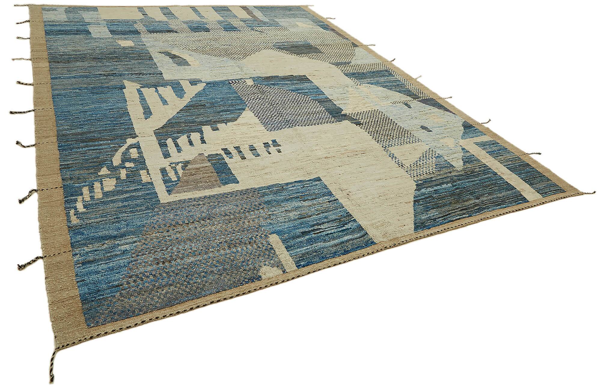 Handwoven Turkish Rustic 275 cm x 365 cm Blue Wool Carpet