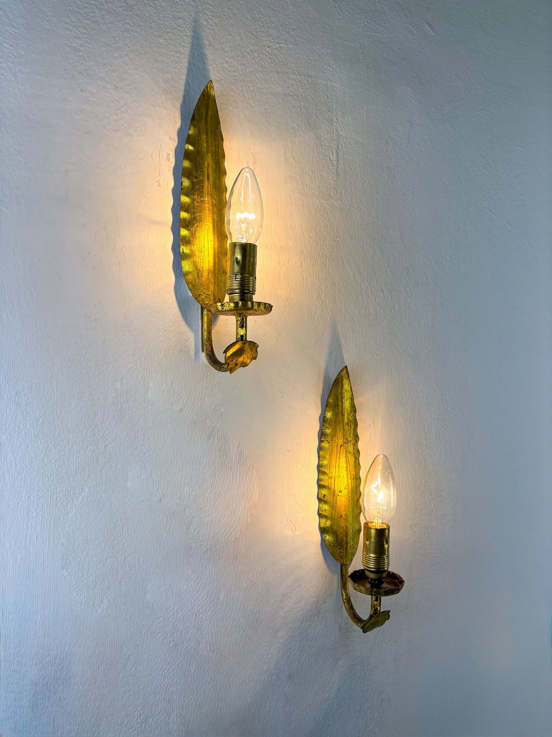 Pair of Spanish foliage wall sconces, leaf arms & bud shades, gilt iron, 1970s
