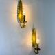 Pair of Spanish foliage wall sconces, leaf arms & bud shades, gilt iron, 1970s