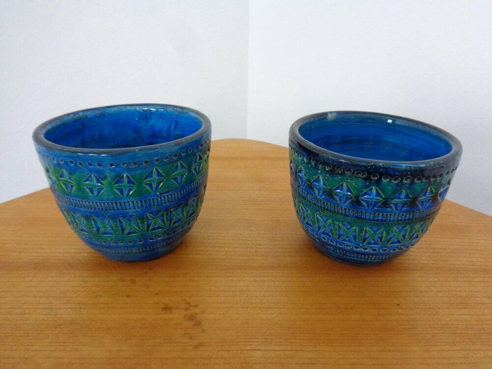 Italian Rimini Blue Ceramic Cachepots by Aldo Londi for Bitossi, 1960s, Set of 2