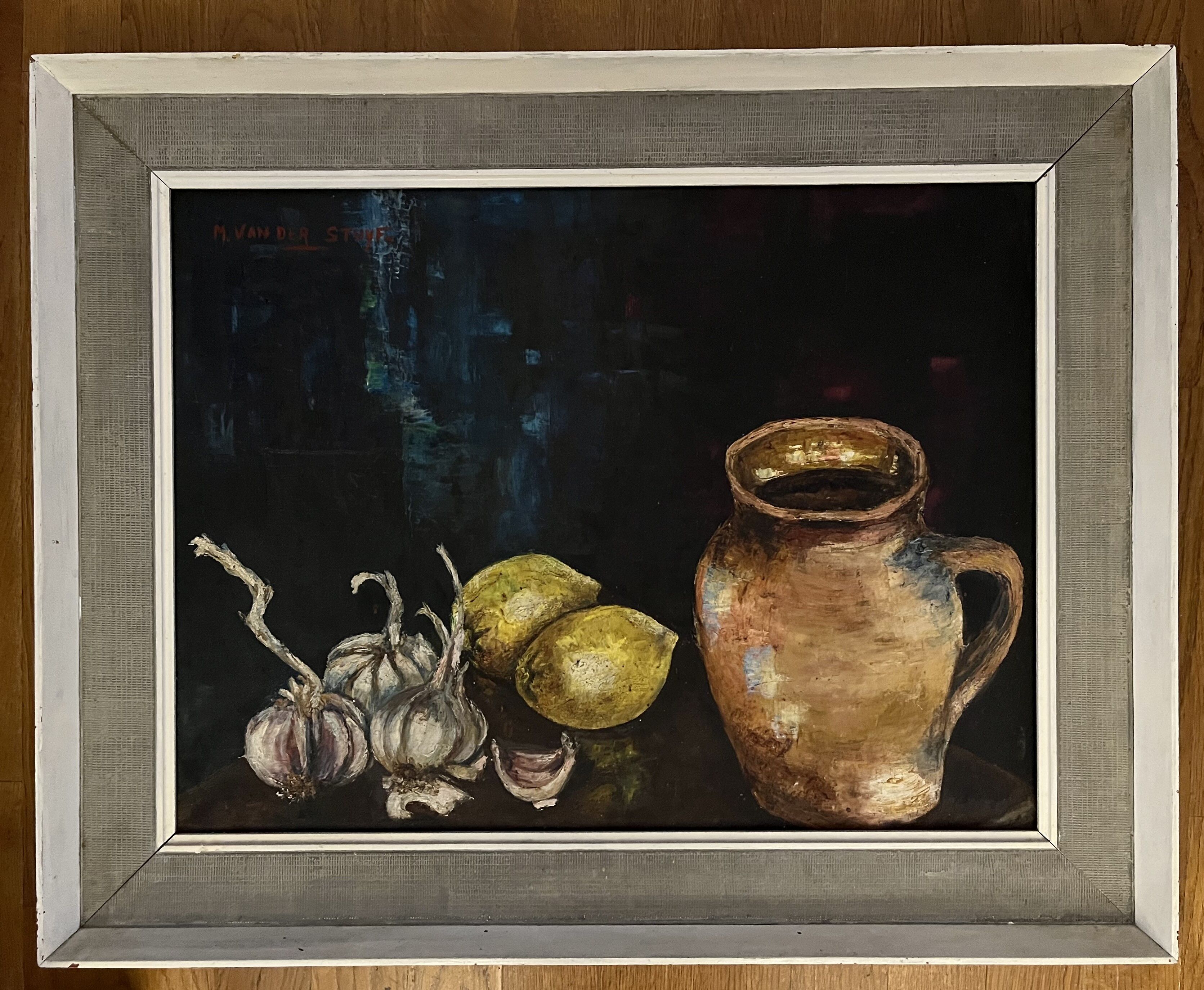 Painting Still Life with Jug, Garlic and Lemons