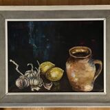 Tableau nature morte à la cruche aux ails et citrons