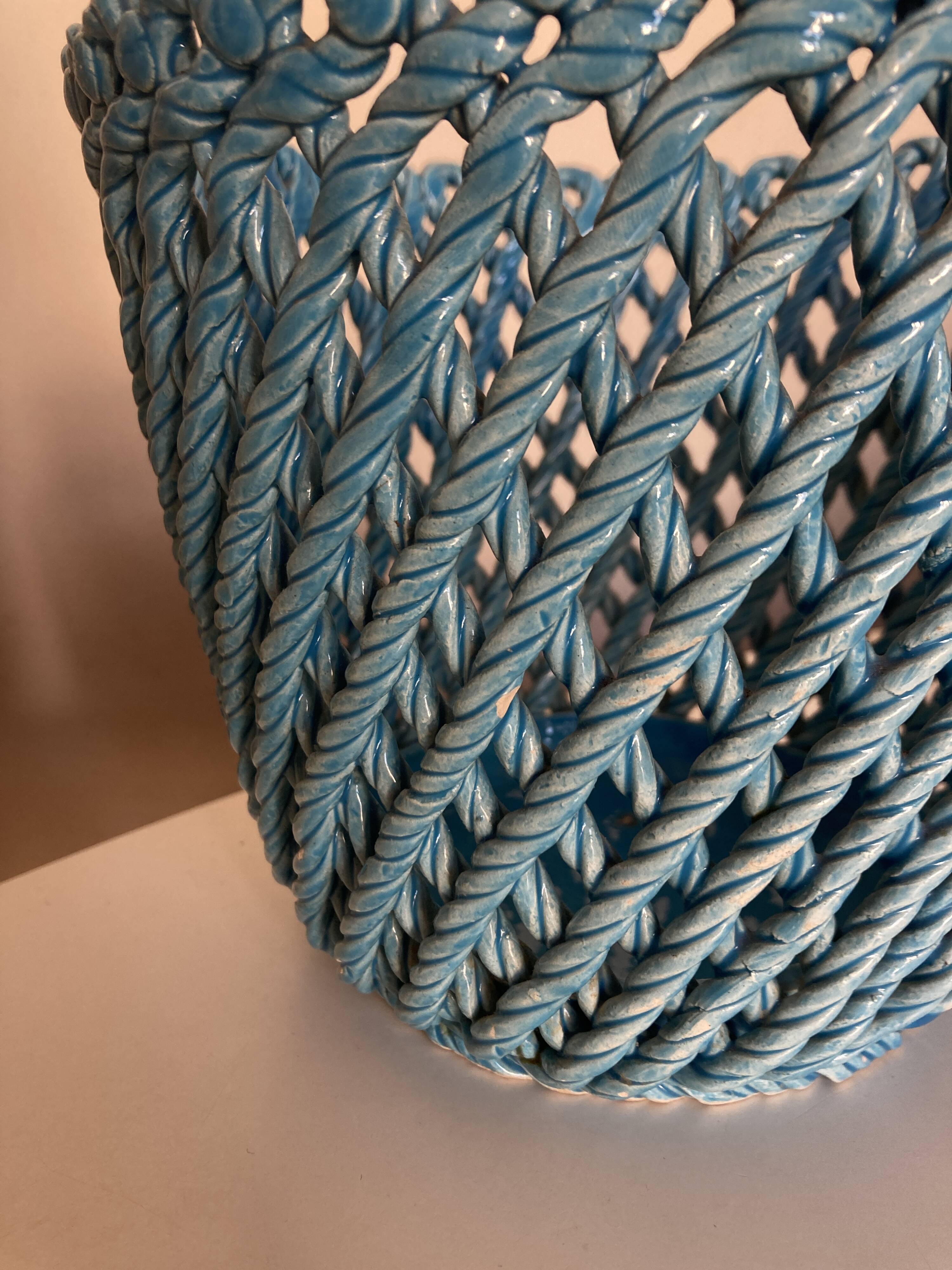 Turquoise woven ceramic cachepot, Italian work, 1960s