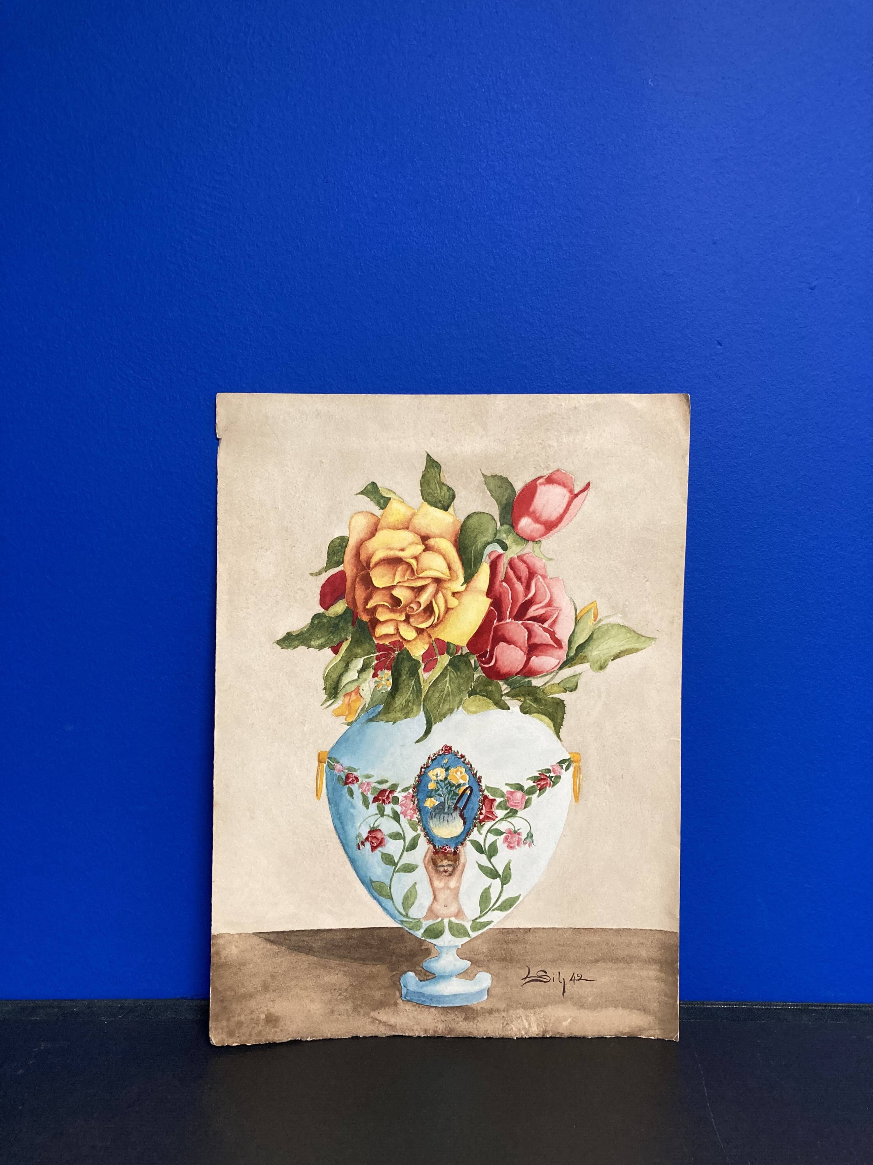 Vintage watercolor with roses in earthenware vase with angel