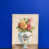 Vintage watercolor with roses in earthenware vase with angel