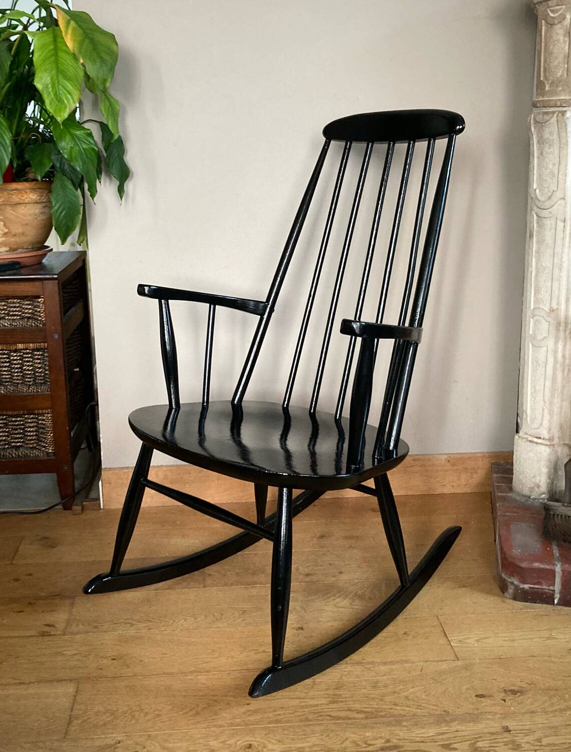 Vintage Scandinavian rocking chair in blackened wood from the 1970s