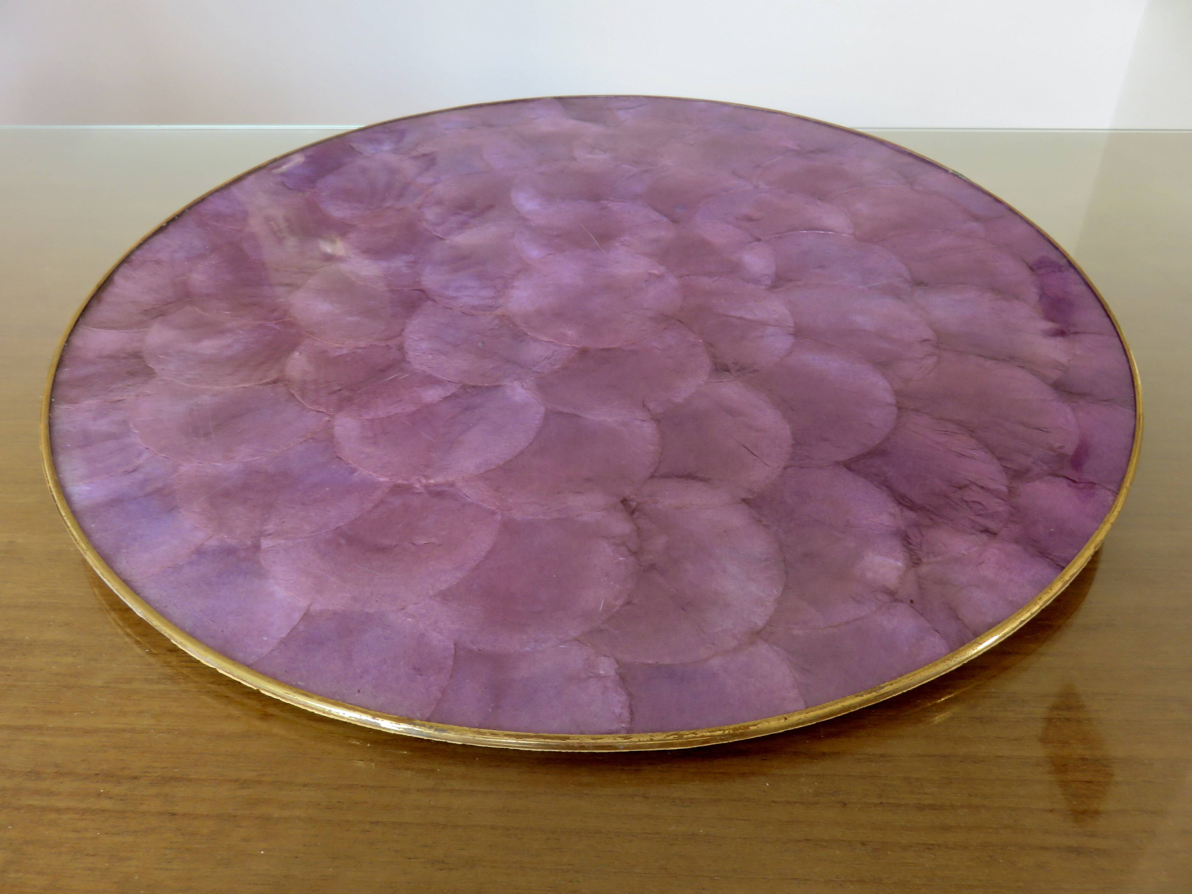 Purple mother-of-pearl trivet, Capiz from the Philippines, brass rim 1970.