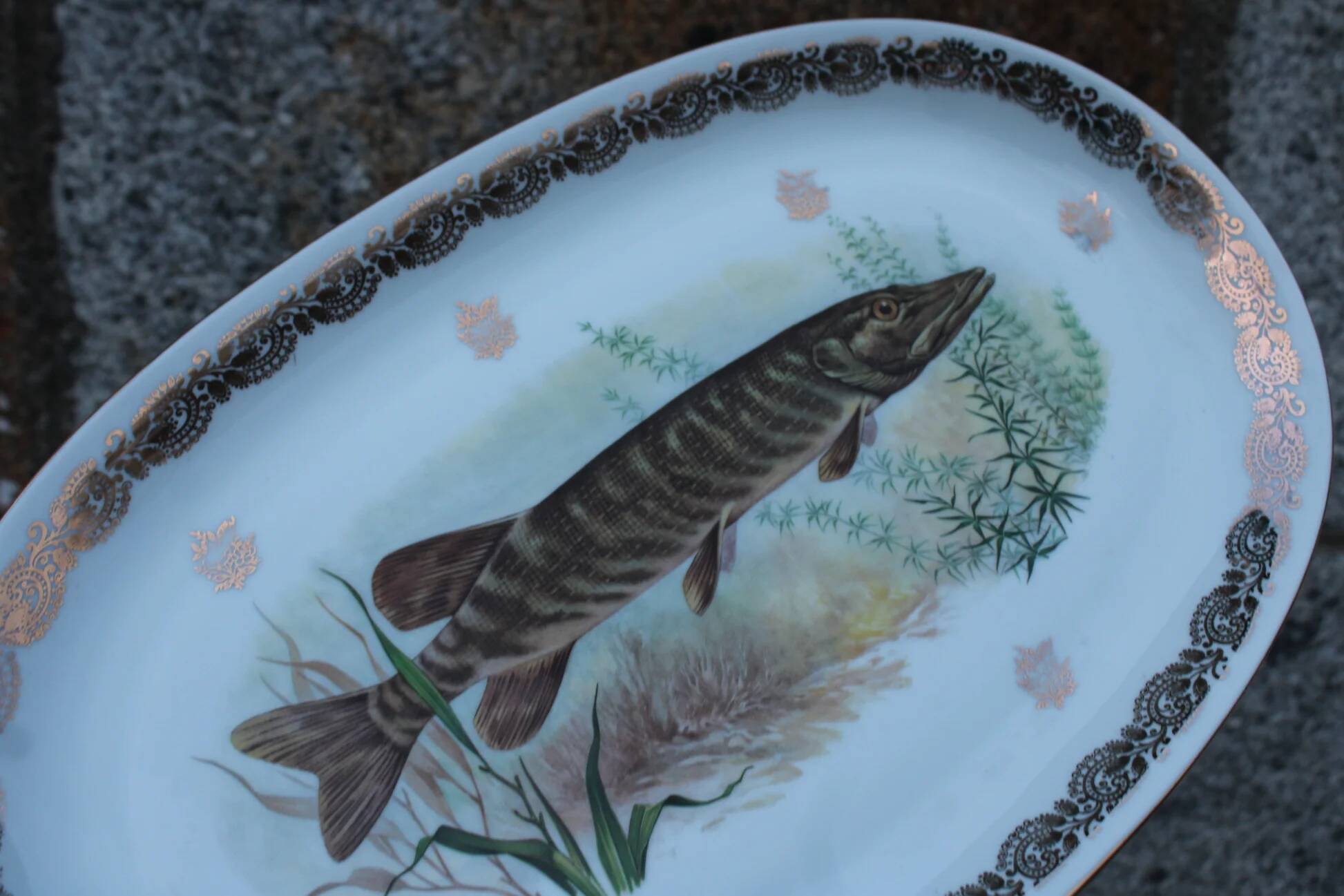 Large French porcelain dish L.C – Painted pike & gilded frieze