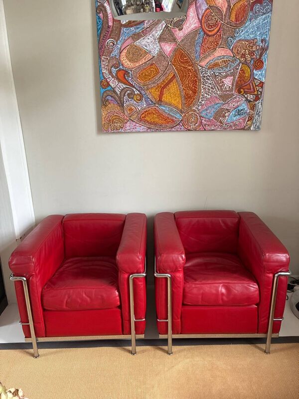 2 fauteuils LC2 Le Corbusier rouge Cassina