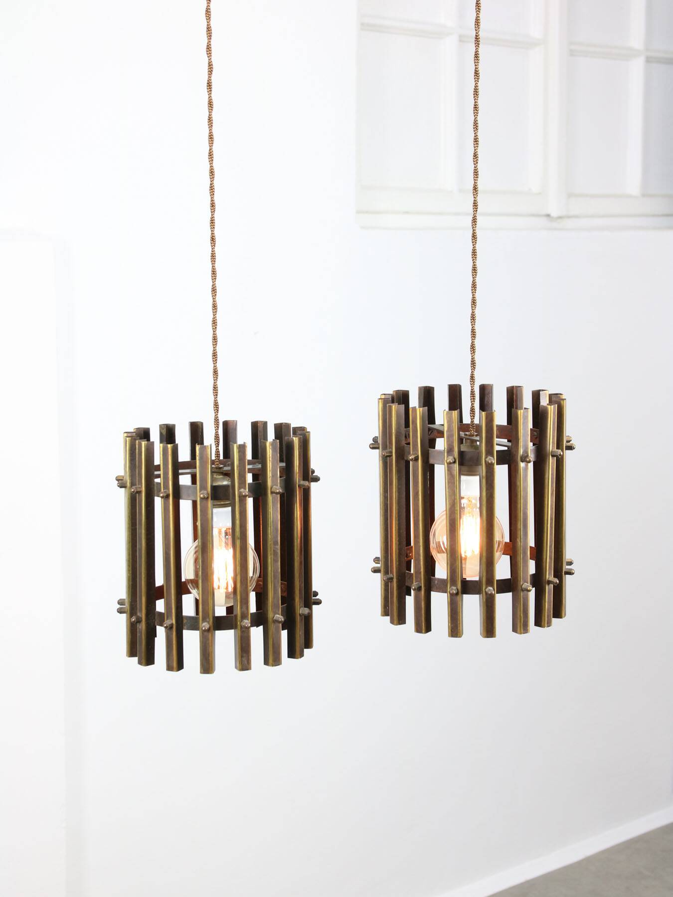 Vintage Italian Brass Cage Pendant Lamps, 1970s, set of 2