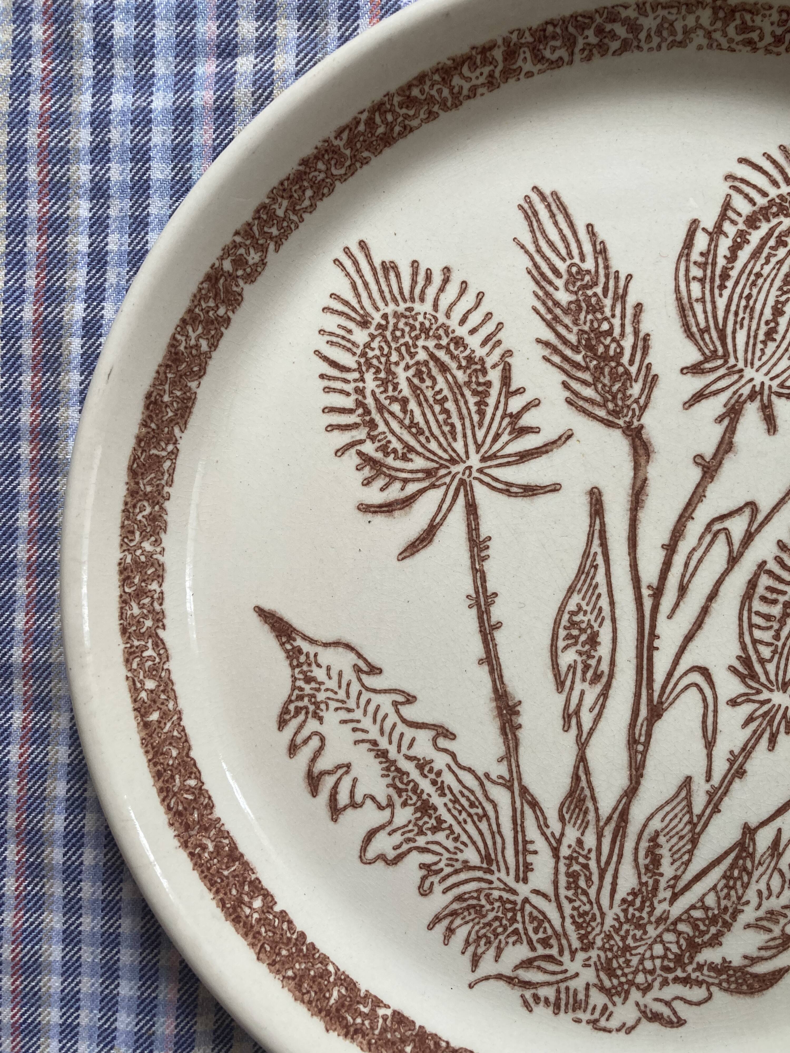 Flat stoneware plates decorated with vintage country flower 1960