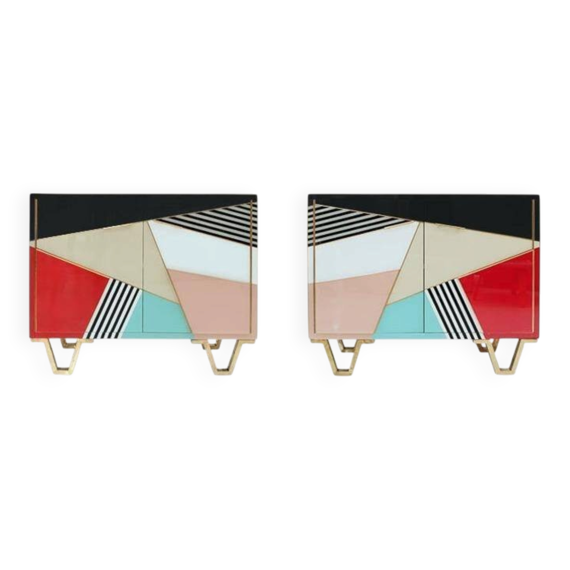 Mid Modern Italian Colored Glass Sideboards with Solid Wood Structure and Brass
