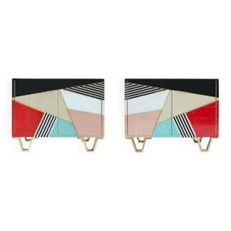 Mid Modern Italian Colored Glass Sideboards with Solid Wood Structure and Brass